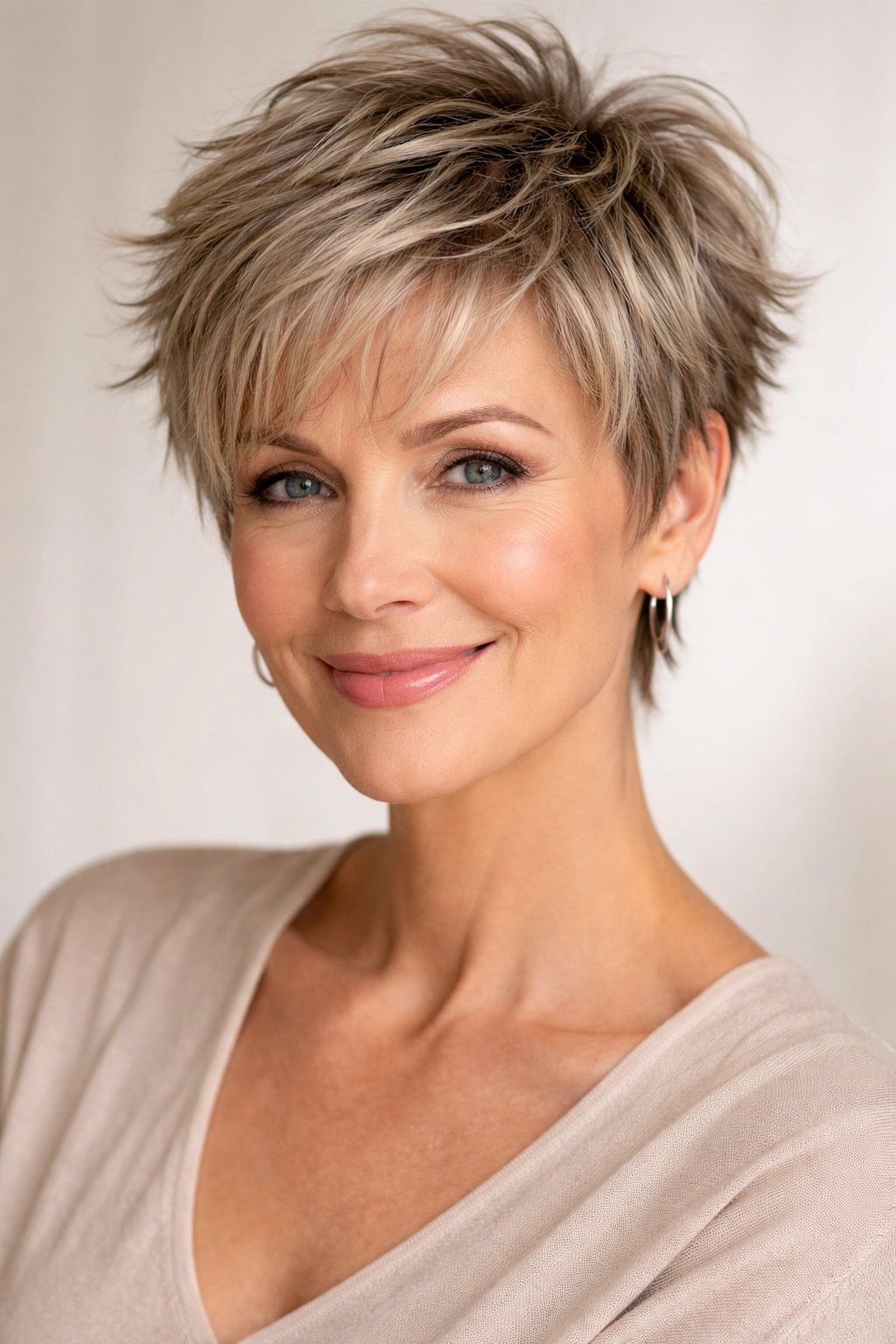 Close-up of a model with a choppy pixie haircut providing volume and texture