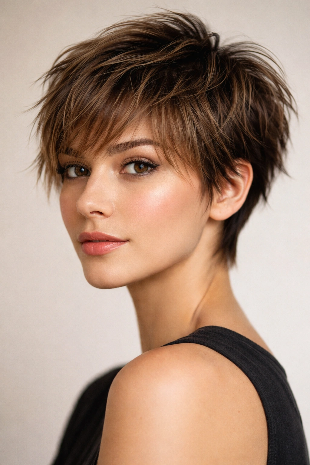 Close-up of choppy textured pixie with wispy bangs
