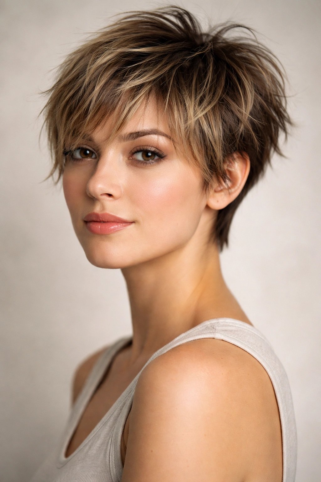 12 Pixie Haircuts With Bangs For Round Faces 2 Head-and-shoulders portrait of choppy textured pixie with wispy bangs and crown volume