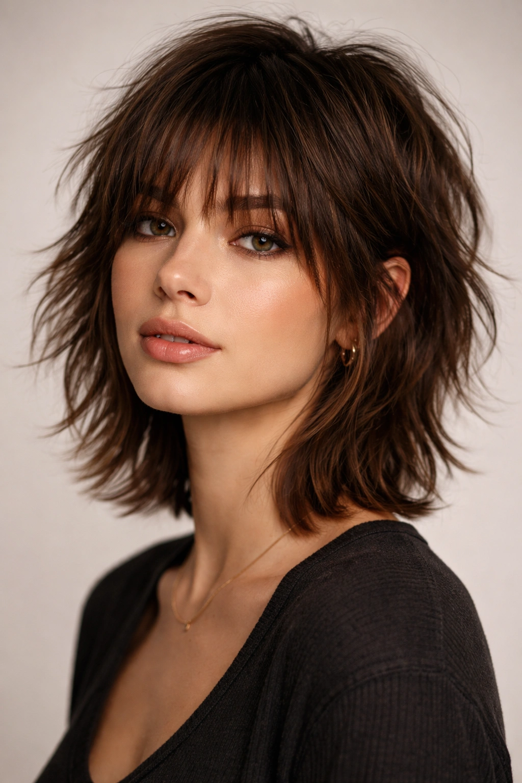 Choppy shag with longer bangs framing the face in soft lighting