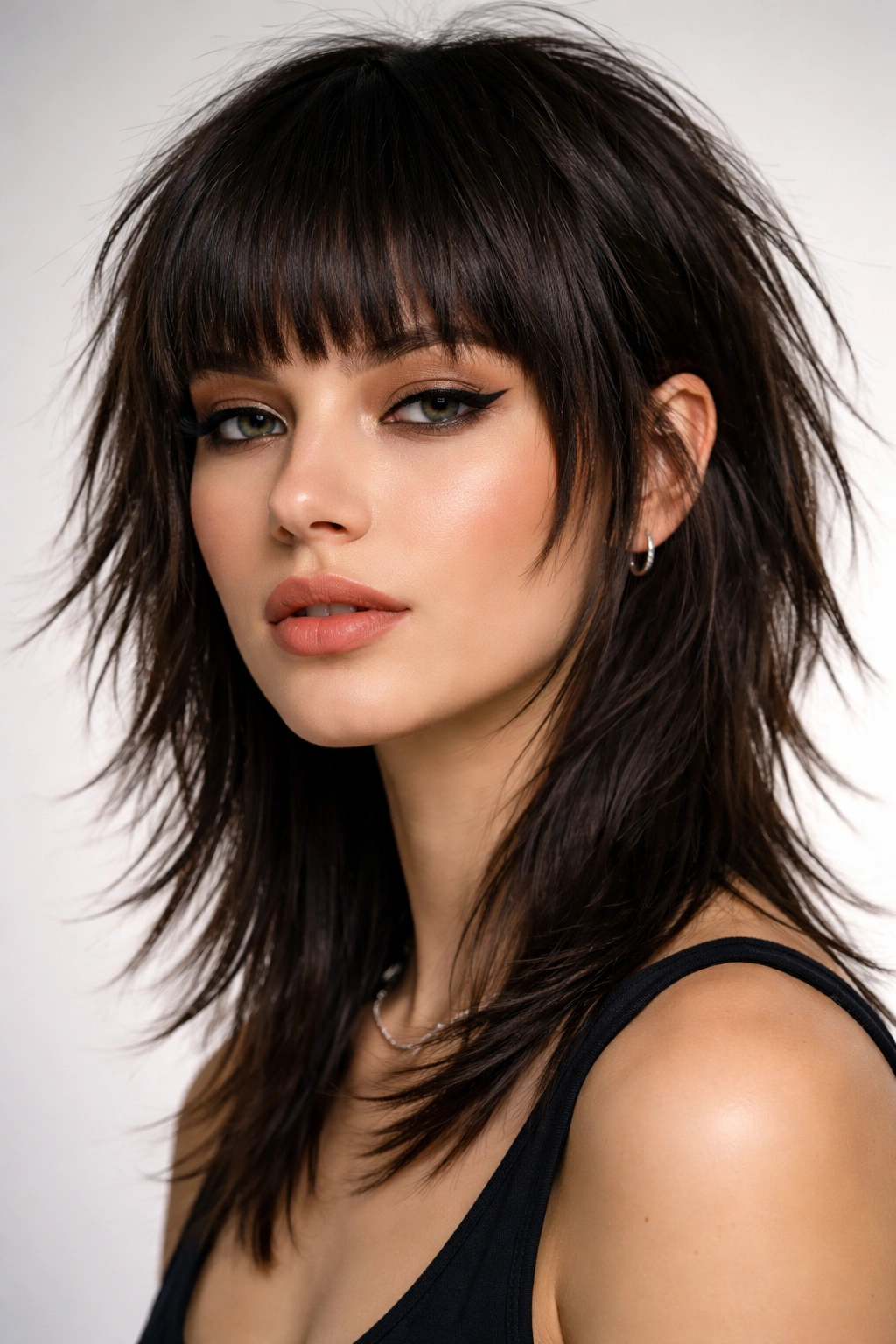 Portrait of a person with a choppy shag and blunt bangs, sharp angular layers and longer back.