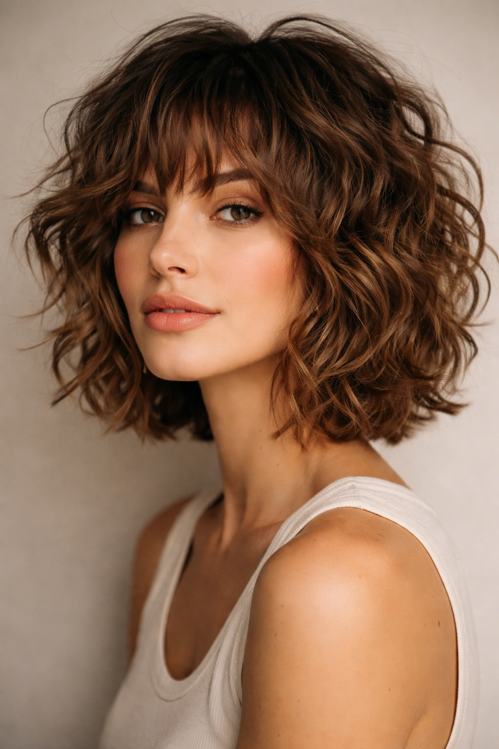 20 Curly Bob Haircuts That Flatter Every Face 6 Model with choppy shag bob showing irregular textured layers