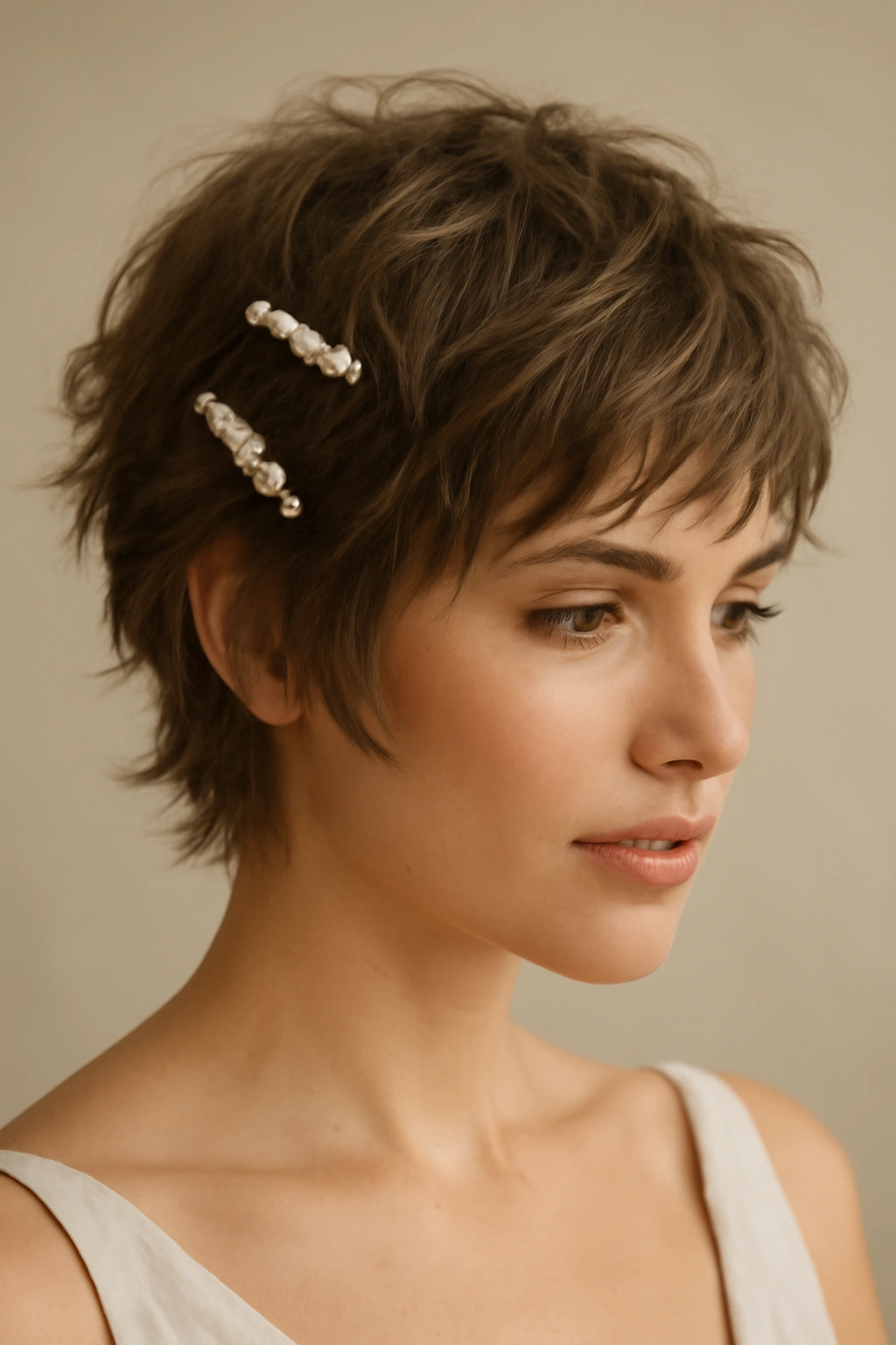 Getting Married With Short Hair? 10 Bridal Looks 6 Close-up of a choppy shag with pearl clips showing textured layers.