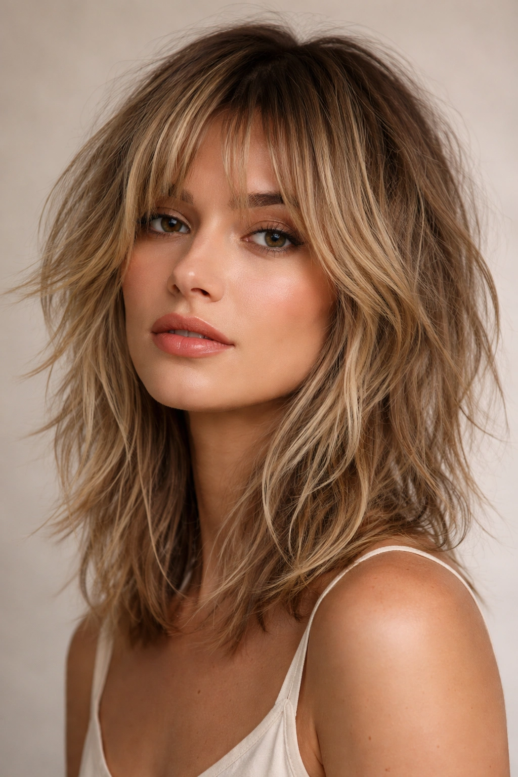 12 Shoulder Length Shag Cuts For Any Hair Type 1 Close-up of a shoulder-length choppy textured shag with broken layers and movement
