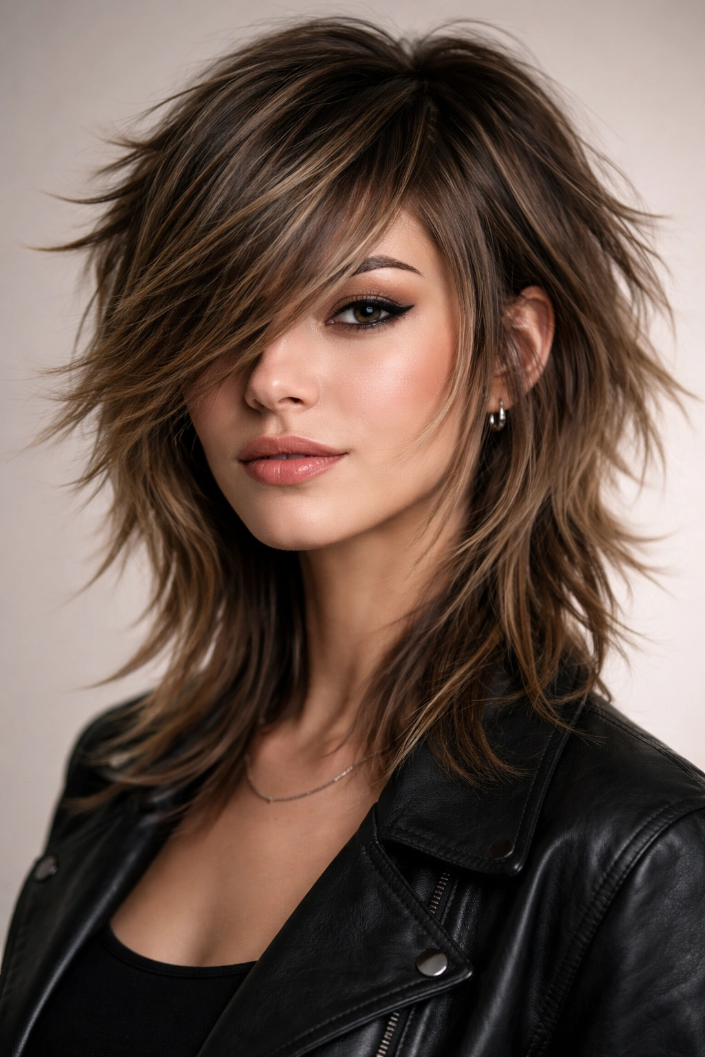 Choppy disconnected shag with bold side-swept bangs on a model