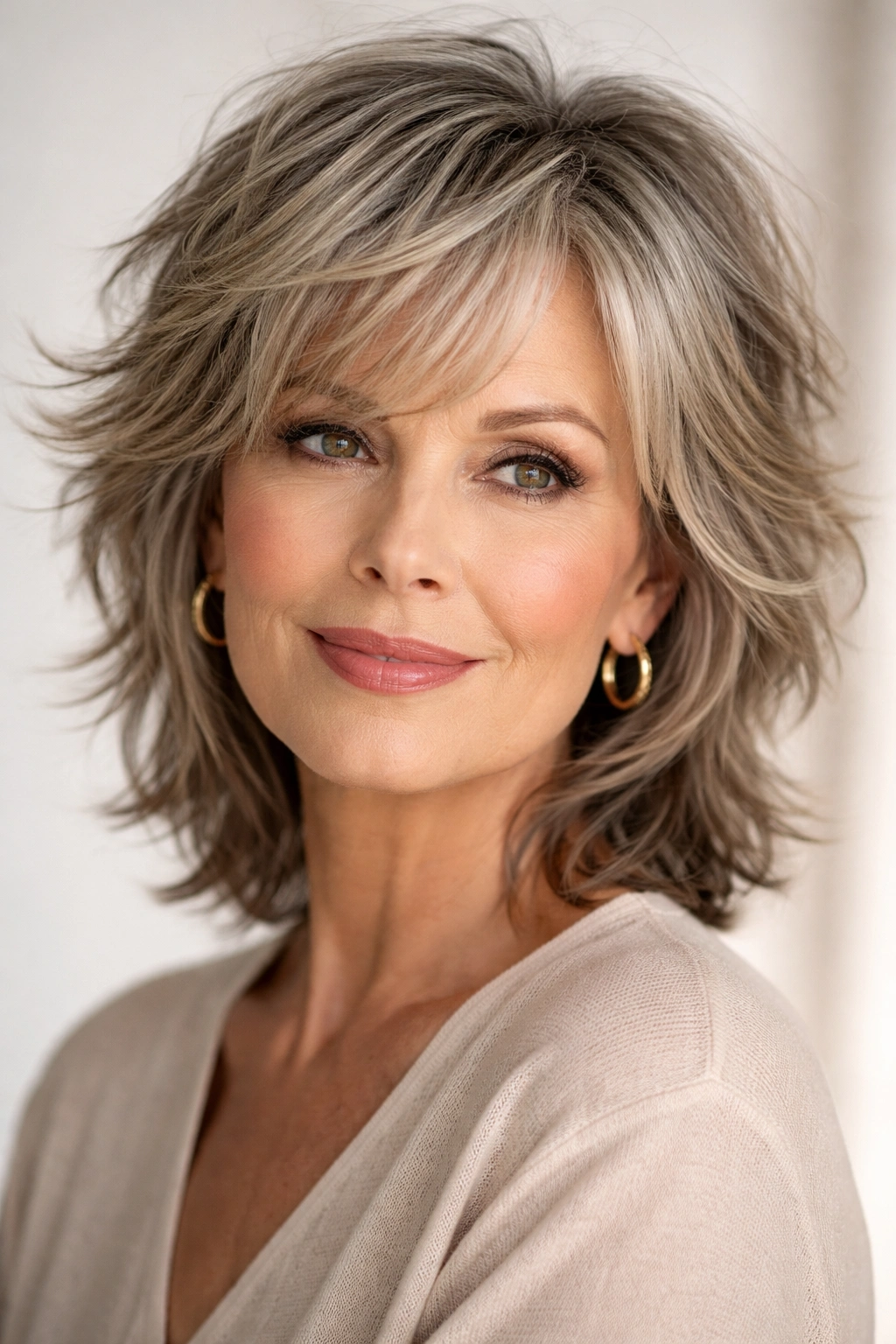 20 Haircuts For Women Over 60 By Face Shape 4 Older woman with choppy shag balancing a heart-shaped face.