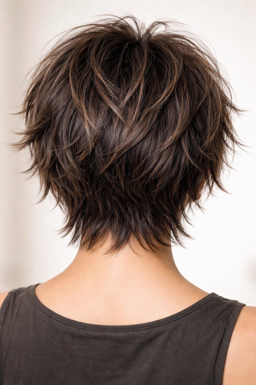 Back view of a choppy shag with layered texture and varied lengths