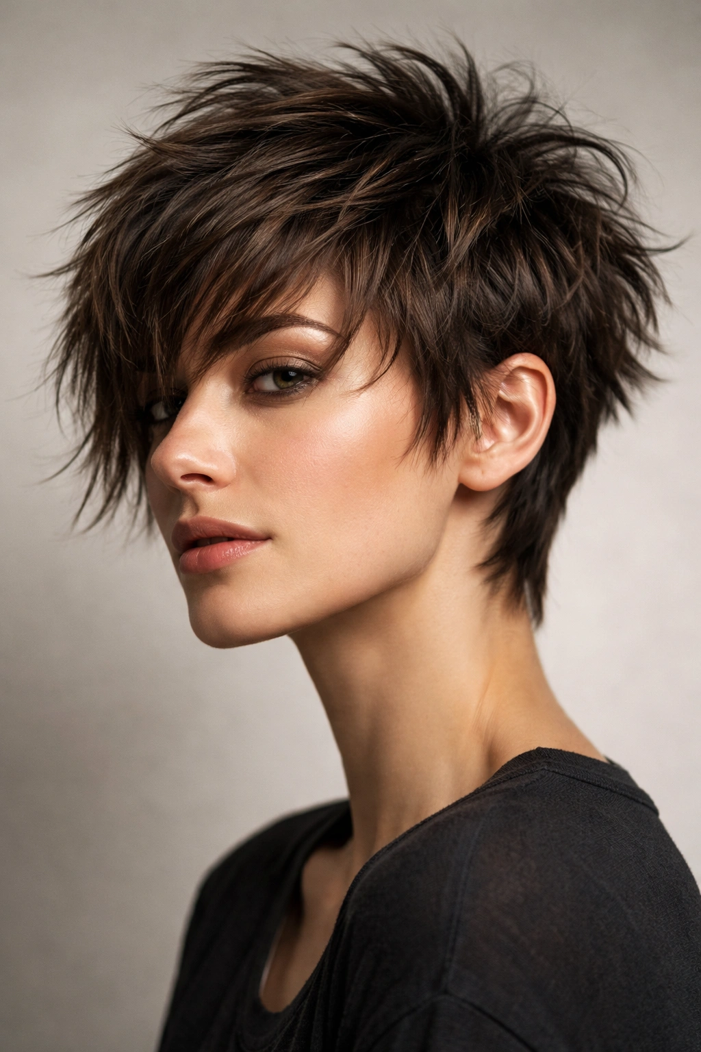 Close-up of choppy shag pixie hairstyle with jagged layers and texture.