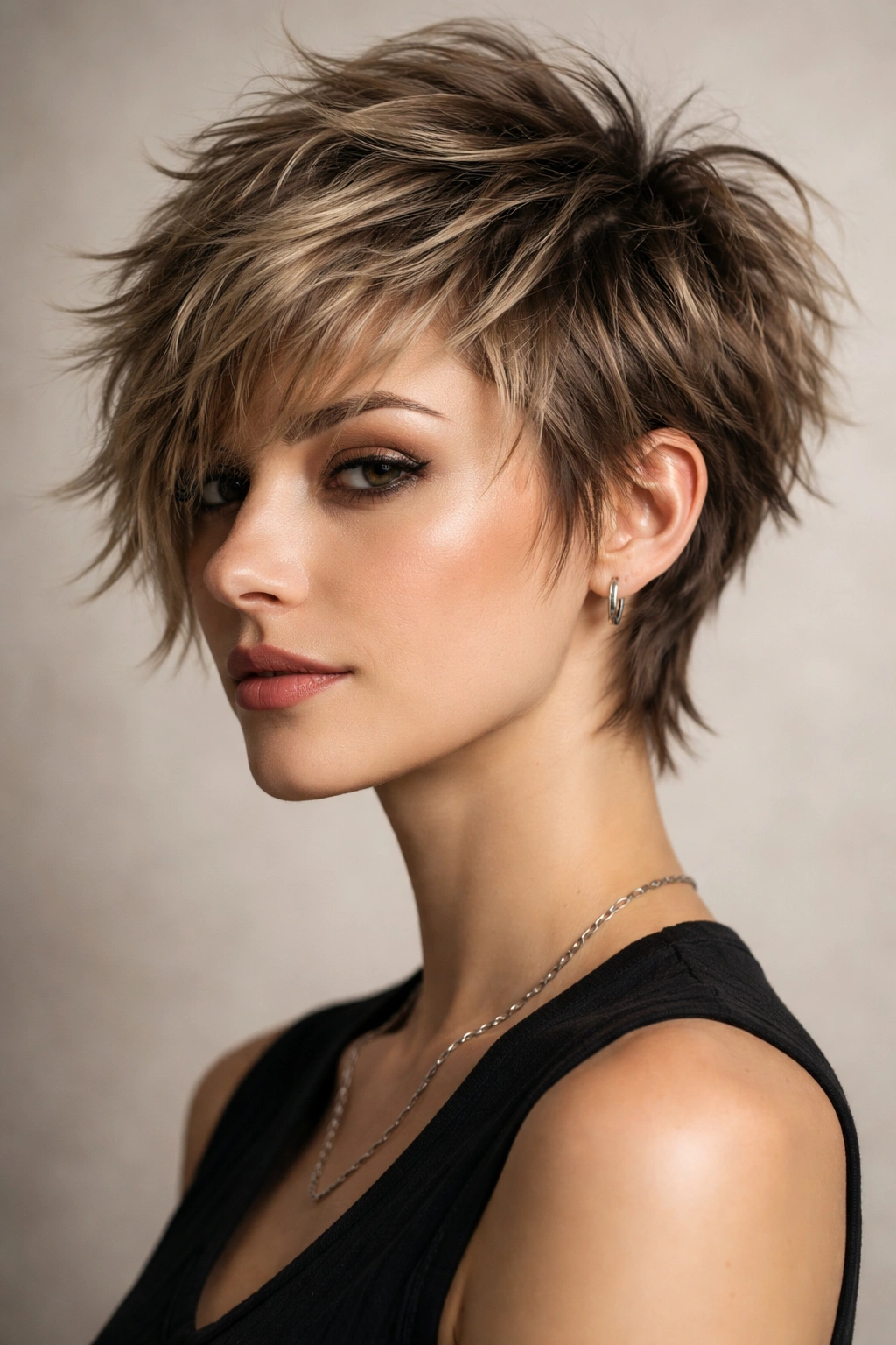 Portrait of a person with choppy shag pixie and tousled layered texture.