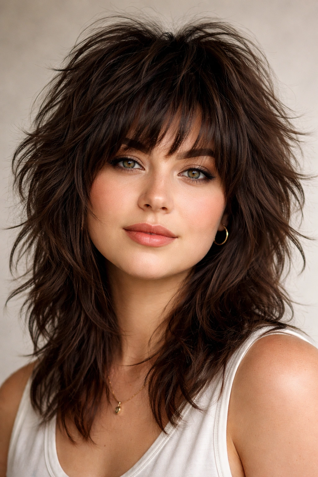 Choppy shag on thick hair for round face with vertical lines and height
