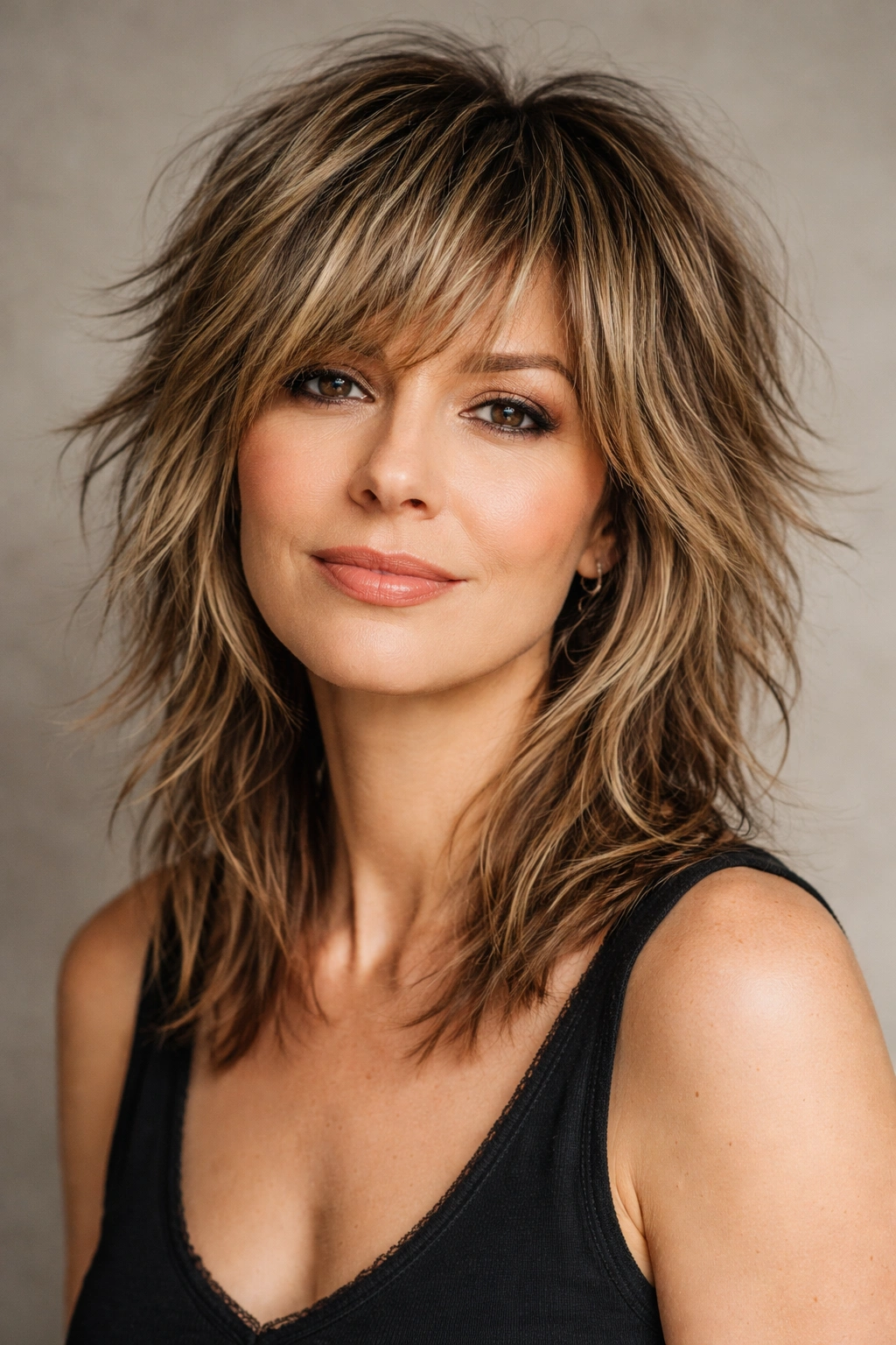 18 Short Hairstyles For Round Faces Over 40 14 Portrait of a woman with a textured choppy shag and layered hair