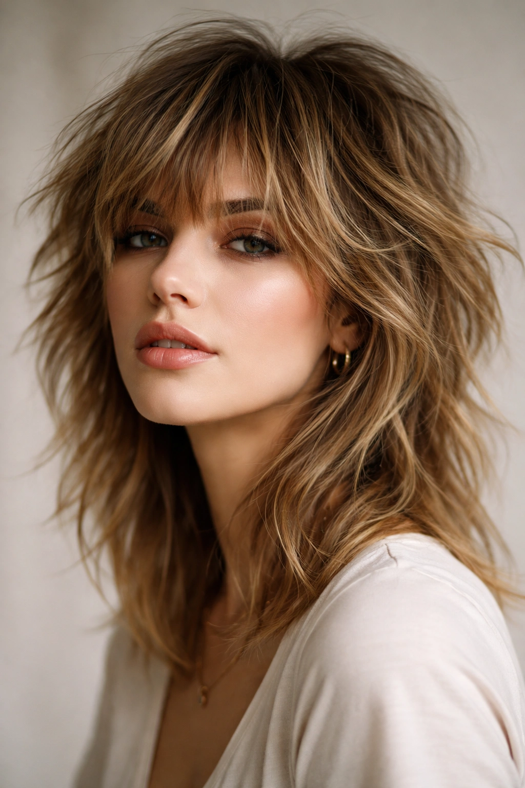 12 Medium Shag Styles For Thick Or Fine Hair 4 Choppy shag with volume and uneven layers on a model.