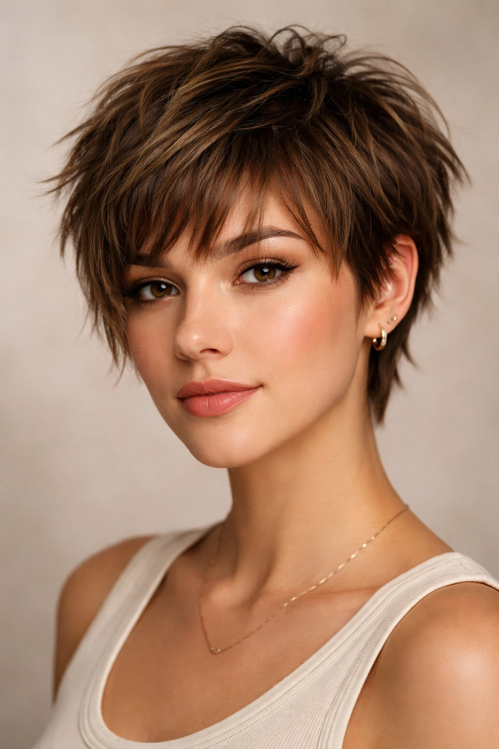 Portrait of a shaggy pixie with layered bangs showing texture and movement