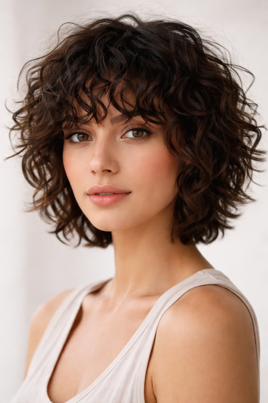 Choppy short layers with curly bangs showing textured curls.