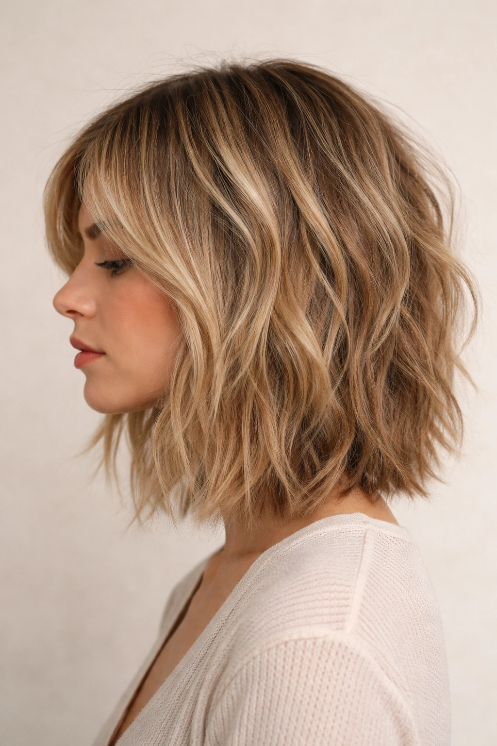 Profile view of The Choppy, Textured Shoulder-Length Bob showing layered, tousled texture