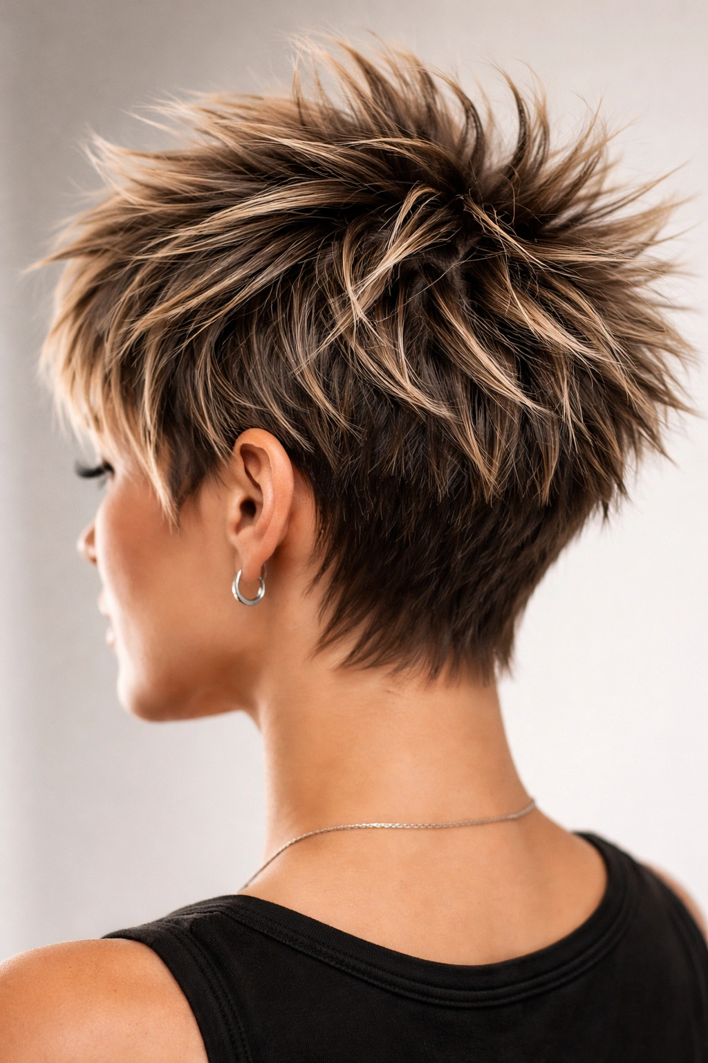 15 Choppy Short Haircuts Loaded With Texture 13 Close-up of a choppy spiky short haircut with bold texture on a model head