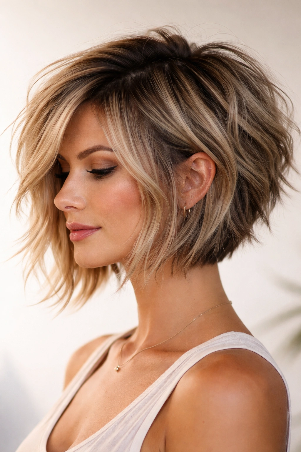 15 Stacked Bob Cuts For Thick And Fine Hair 3 Choppy stacked bob with jagged layers and visible texture.