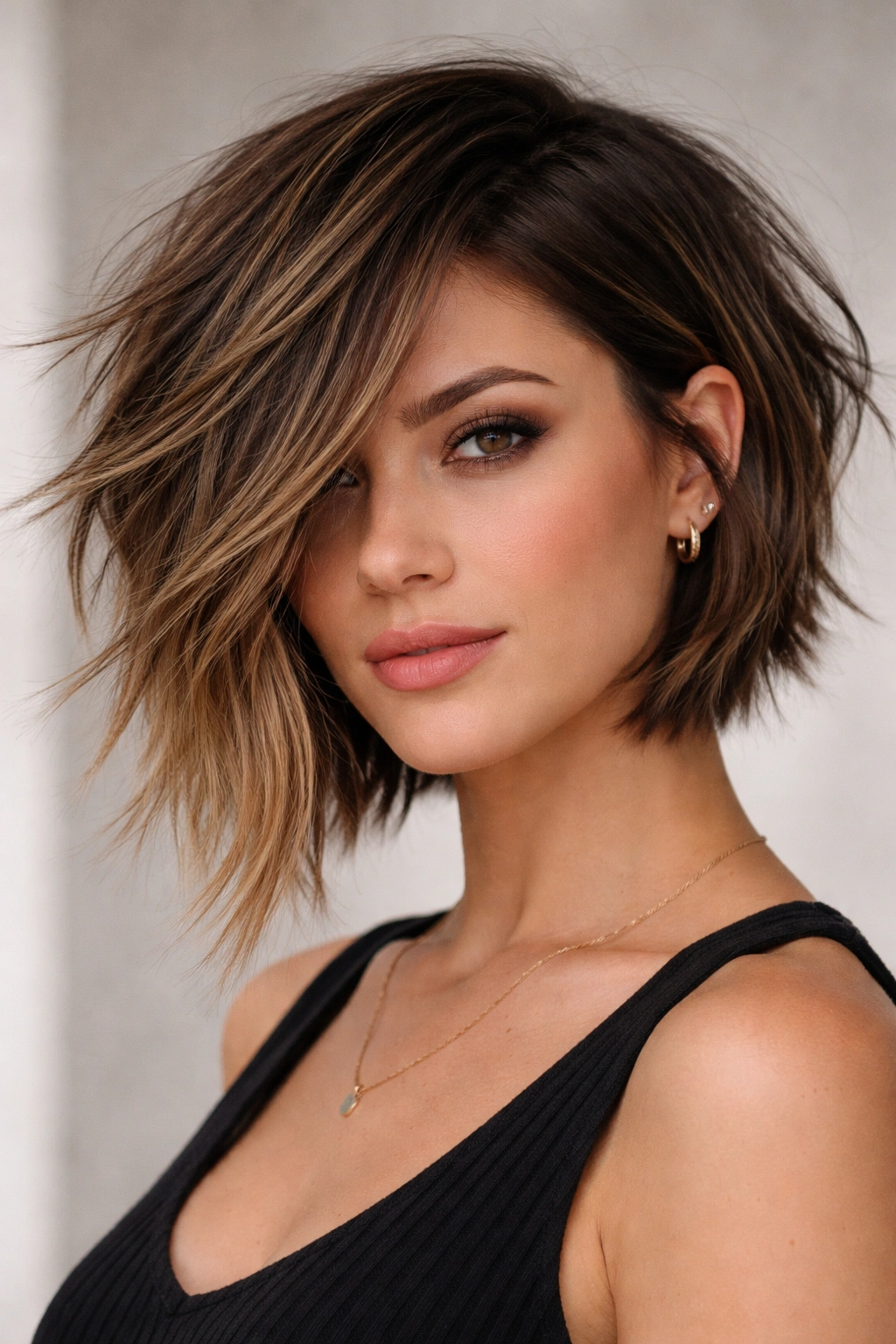 Portrait of a person with a choppy textured asymmetrical bob and dynamic layering