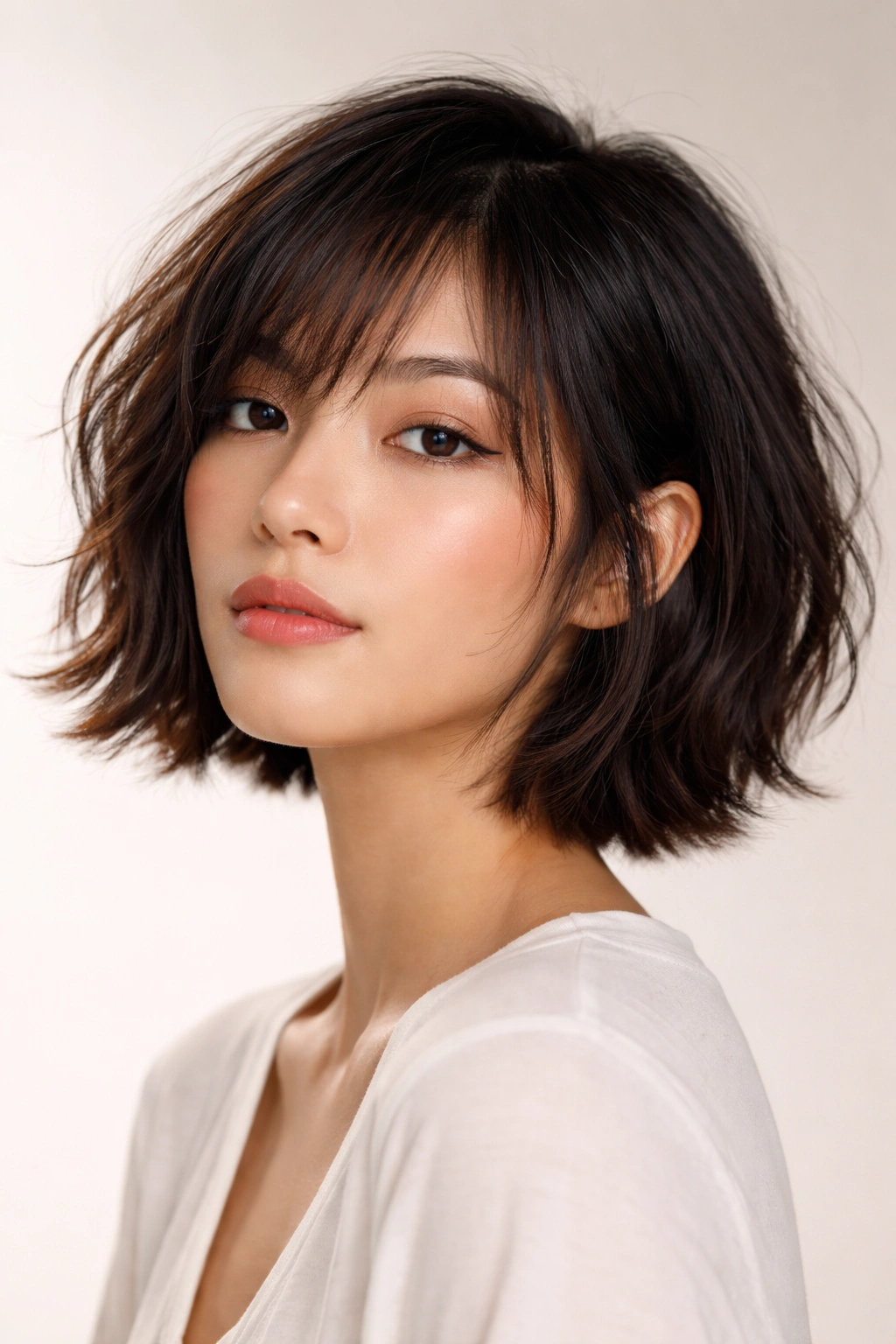 Close-up of a model's head and shoulders with a choppy, textured bob featuring disconnected layers.