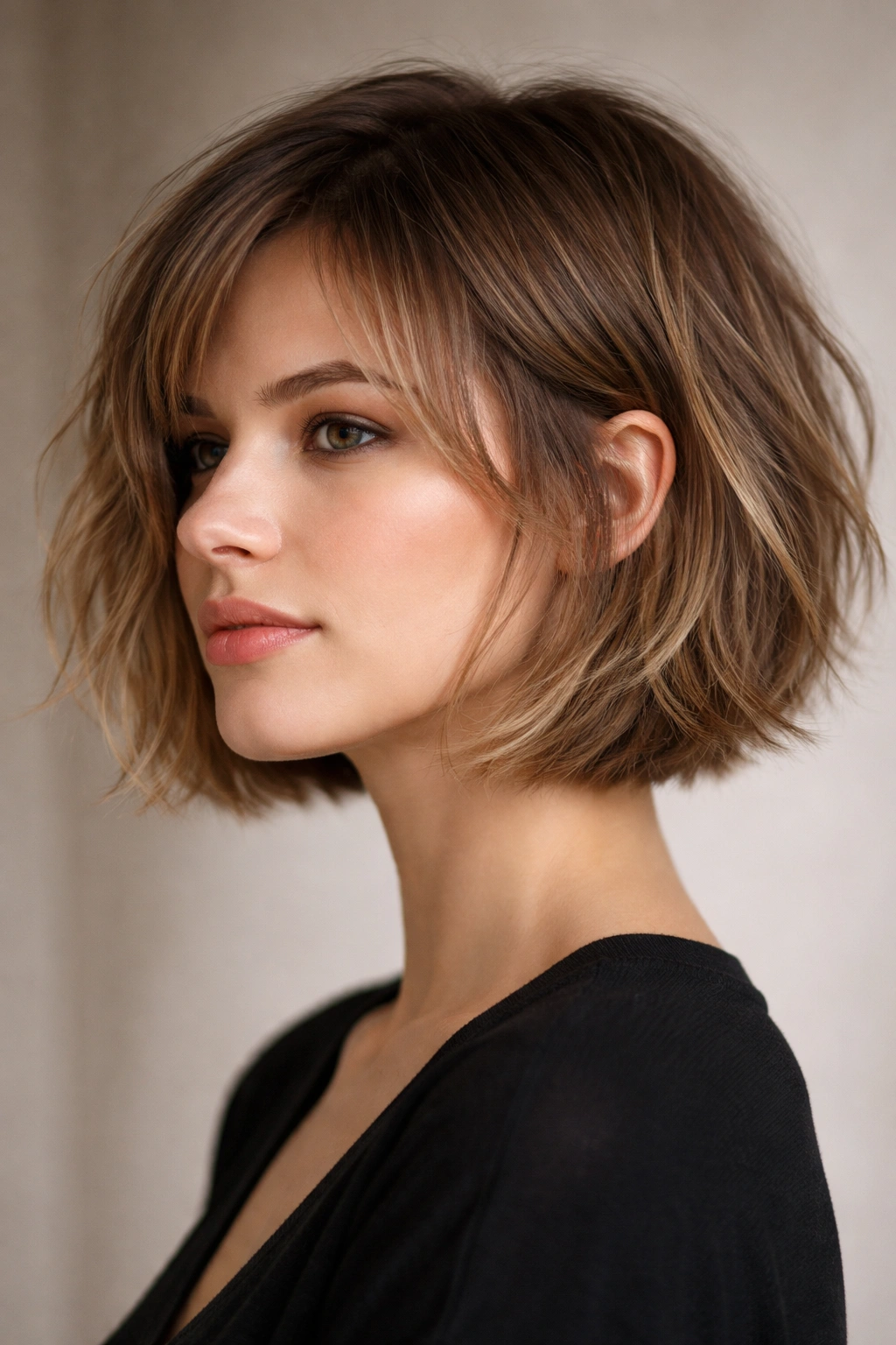 12 Haircuts For Round Faces And Double Chins 7 Close-up of chin-length choppy textured bob highlighting jawline