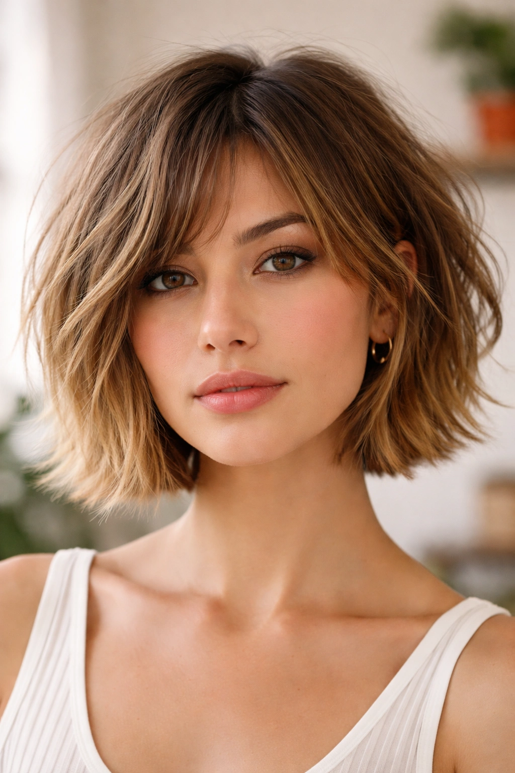 10 Chin Length Cuts For Round And Oval Faces 4 Choppy textured bob silhouette with tousled chin-length ends.