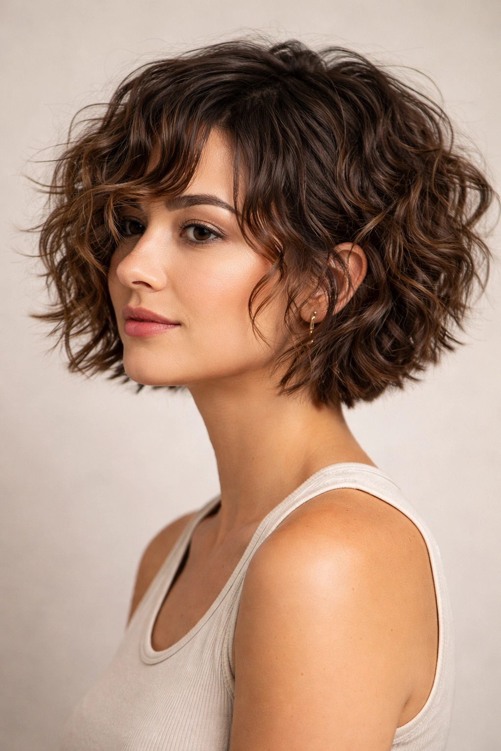 Chin-length bob with choppy layers and varied curl directions