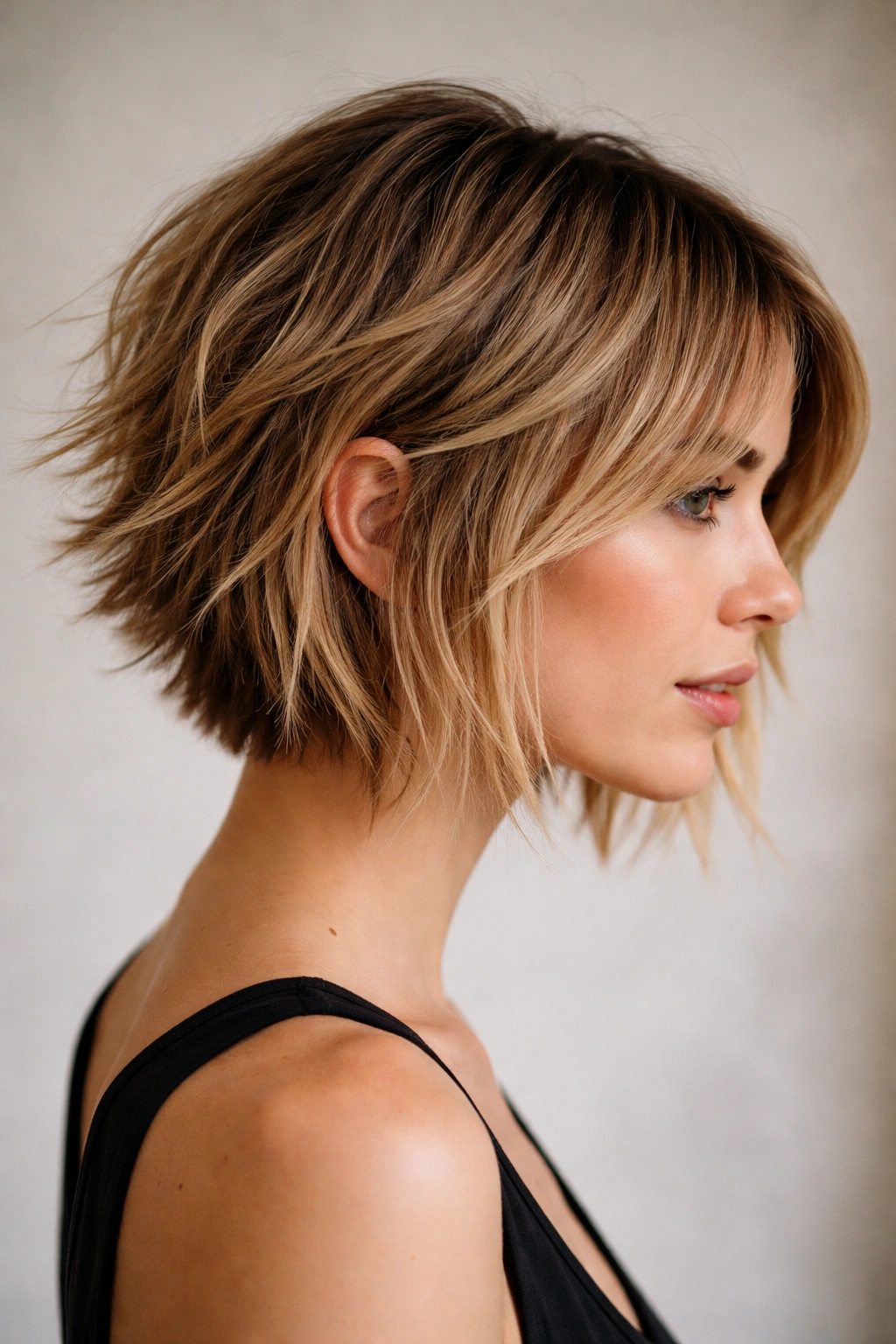 Side profile of choppy textured bob with jagged ends