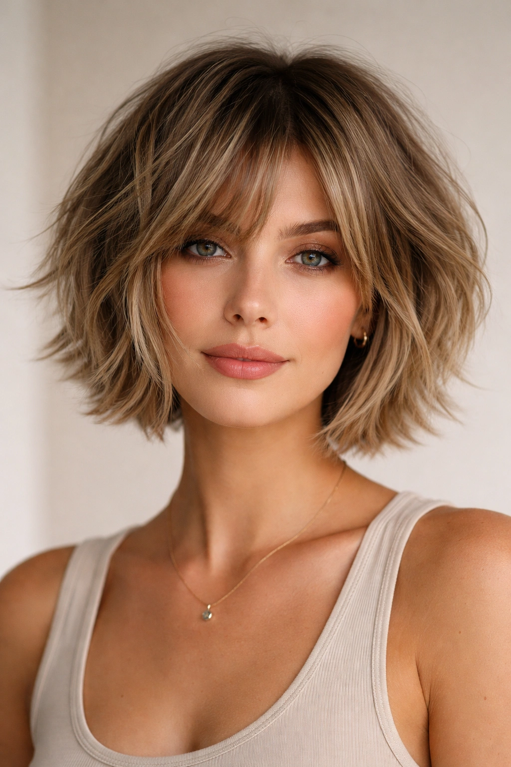 Front view of a jaw-length choppy textured bob with layered movement