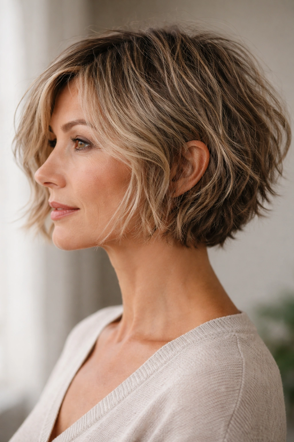 Close-up side profile of a choppy textured bob highlighting uneven layers and natural waves.