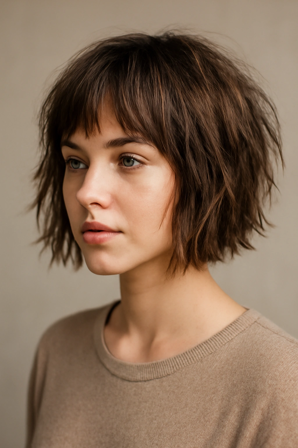 25 Hairstyles For Women Sorted By Length 4 Close-up portrait of a person with a choppy textured bob showing movement.