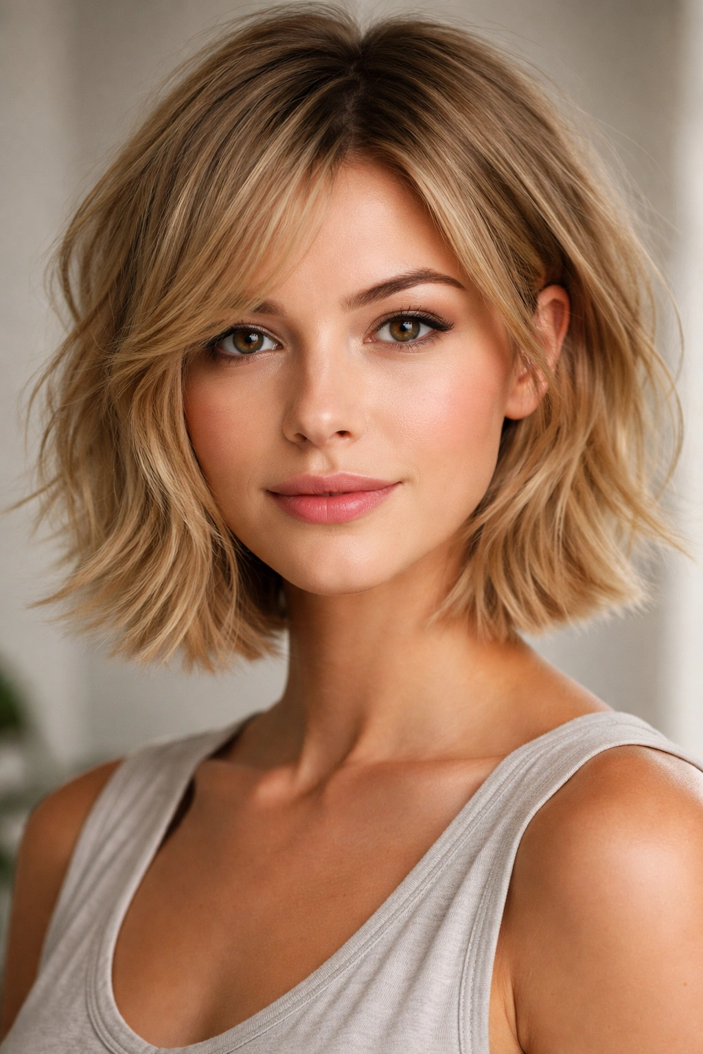 Heart-shaped face with choppy textured bob and fine hair