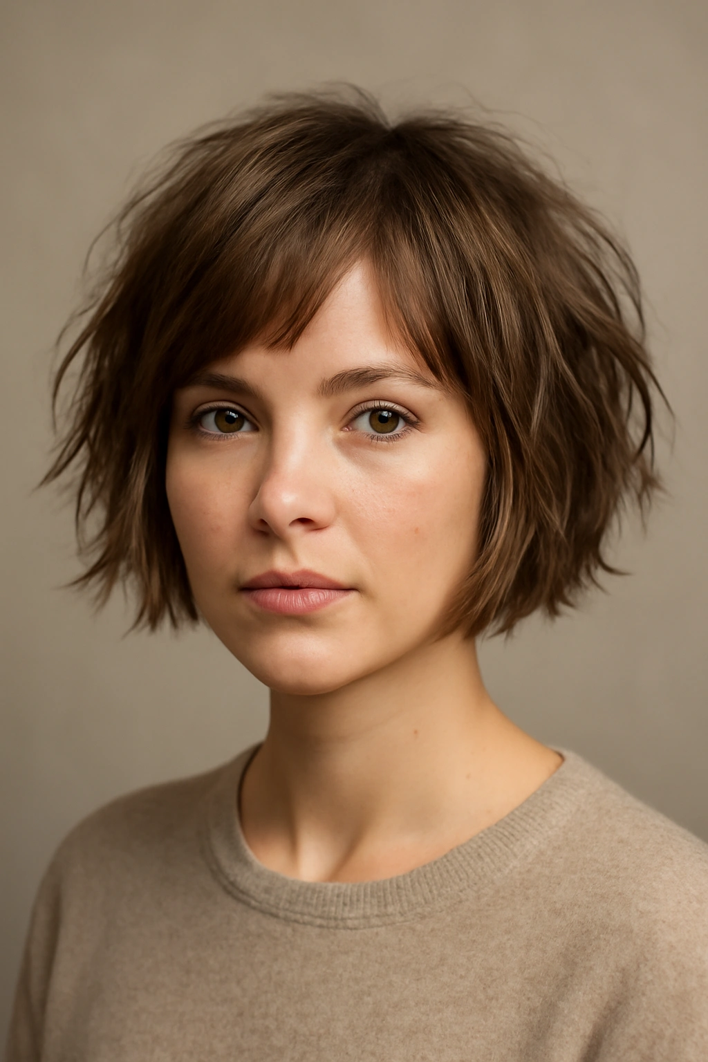 Heart-shaped face model with choppy textured bob and fine hair