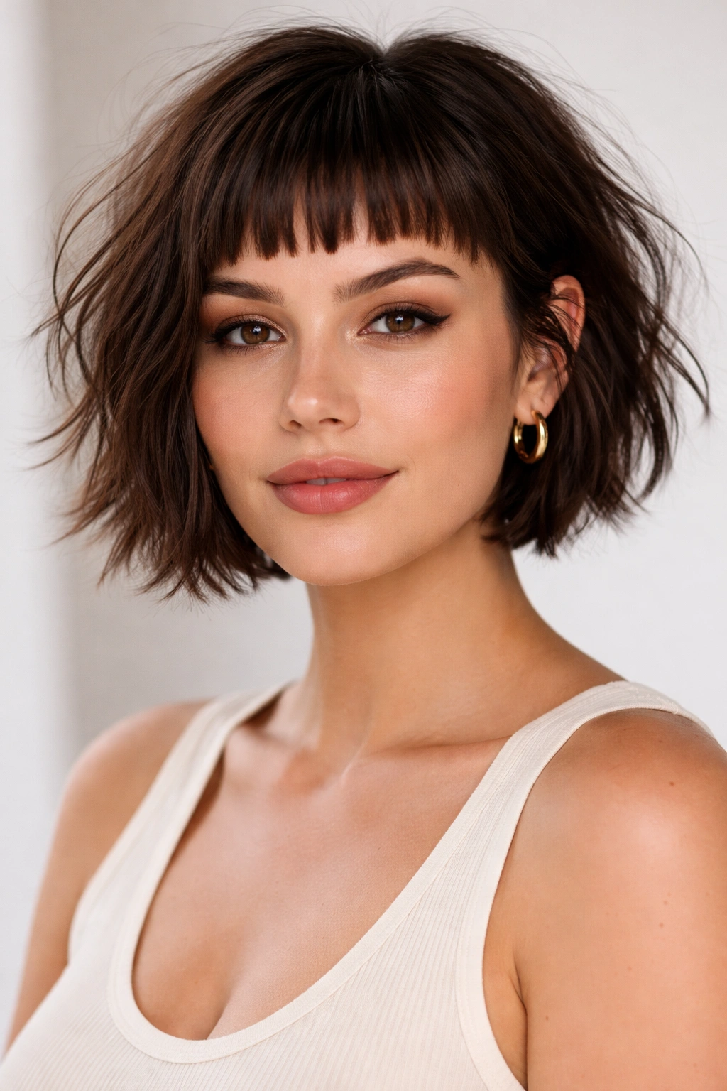 Choppy textured bob with micro bangs on a neutral backdrop.