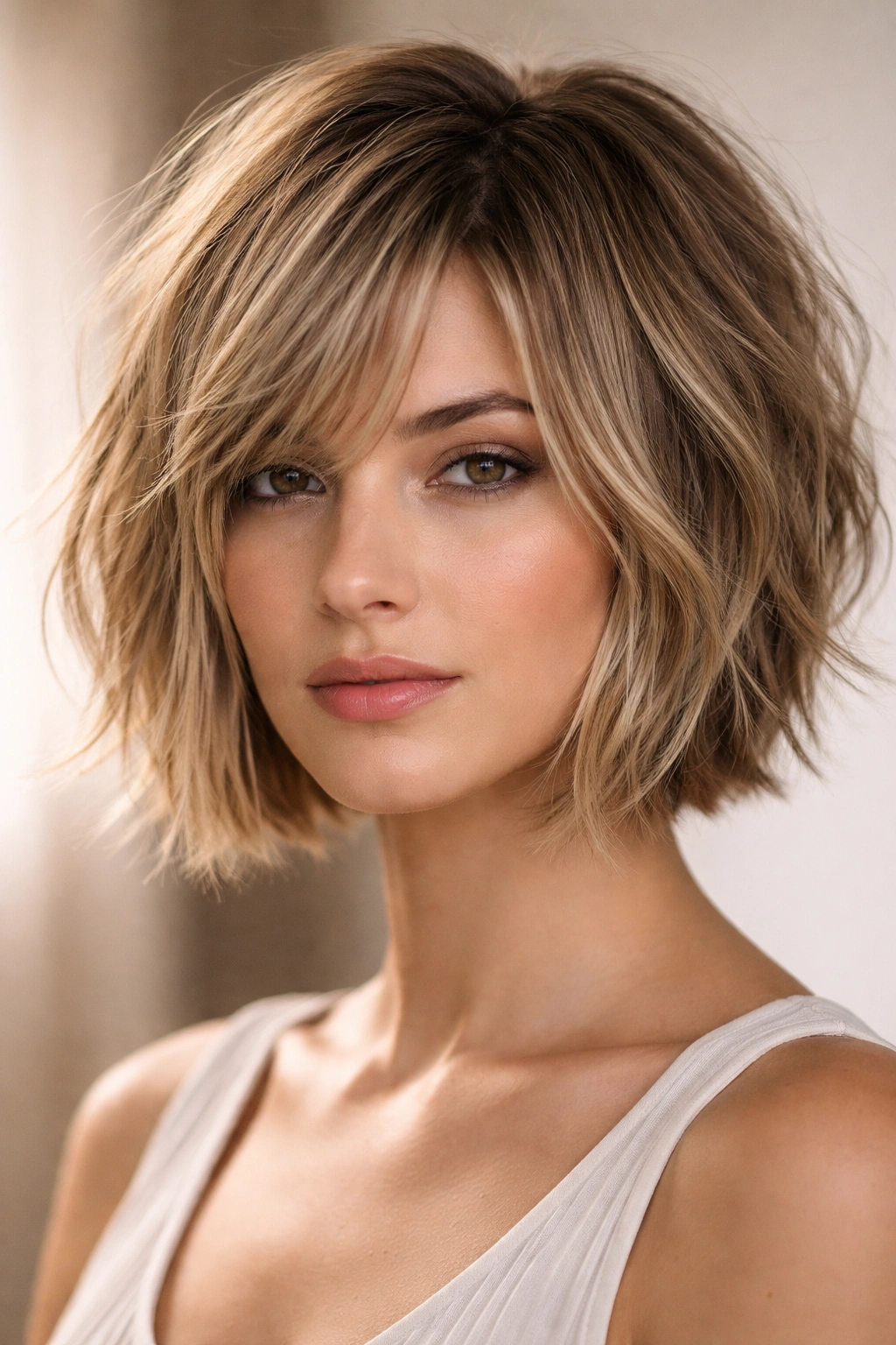 Close-up of jaw-length choppy textured bob with sharp layers and movement