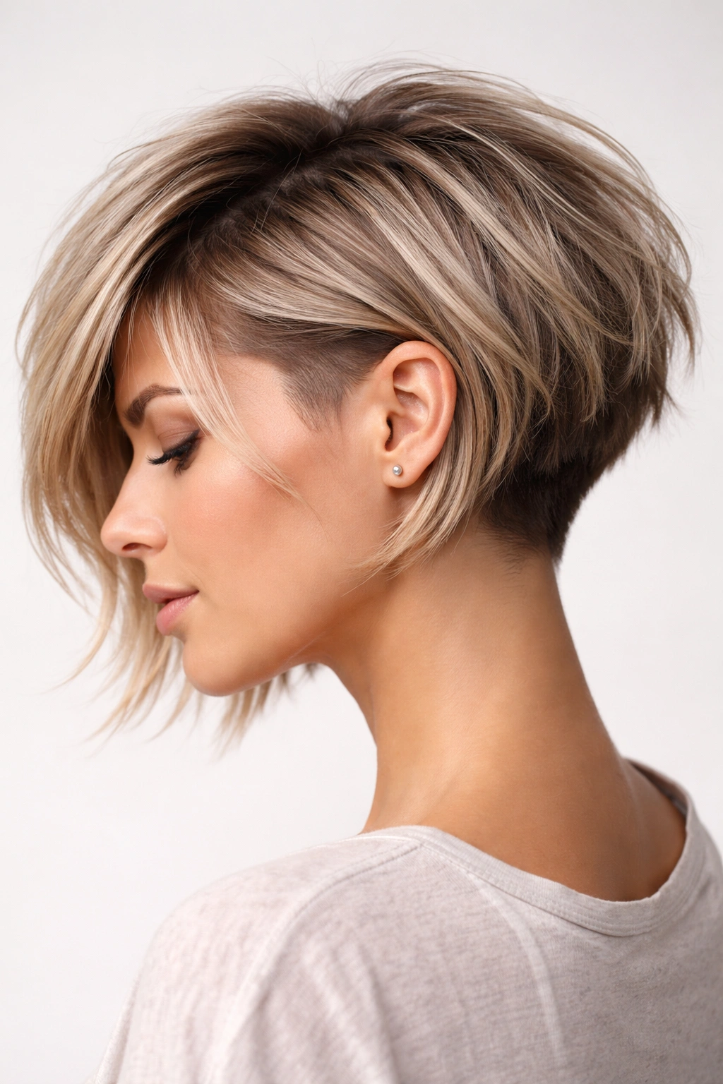 Profile view of a short choppy textured bob with an undercut.