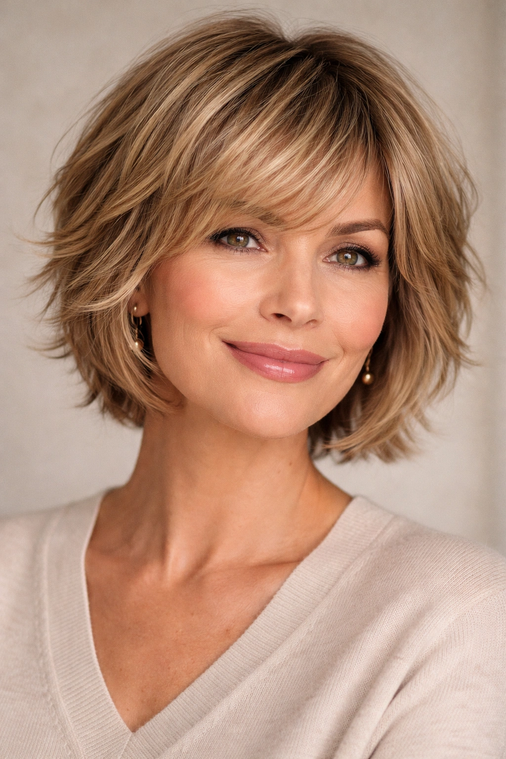 Woman with chin-length choppy textured layers.
