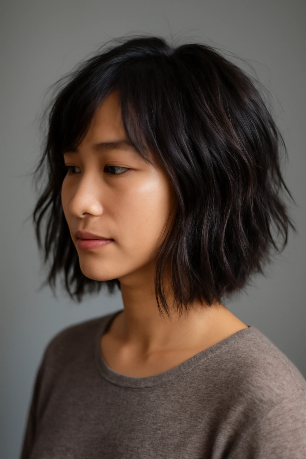 15 Korean Hairstyles Women Are Copying Right Now 7 Close-up of choppy textured long bob with layered haircut and light-catching ends