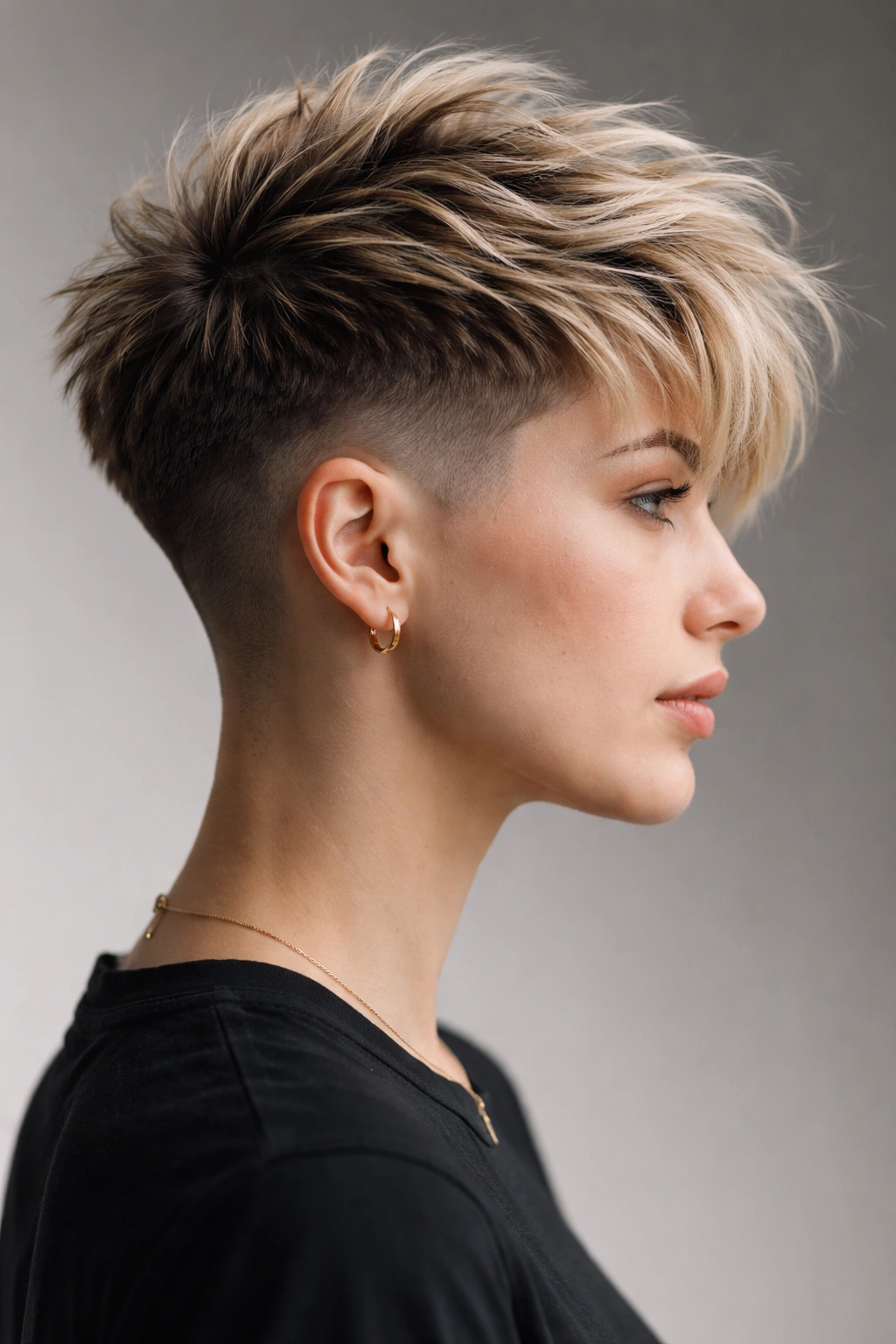 Profile view of a model with a choppy undercut and textured top