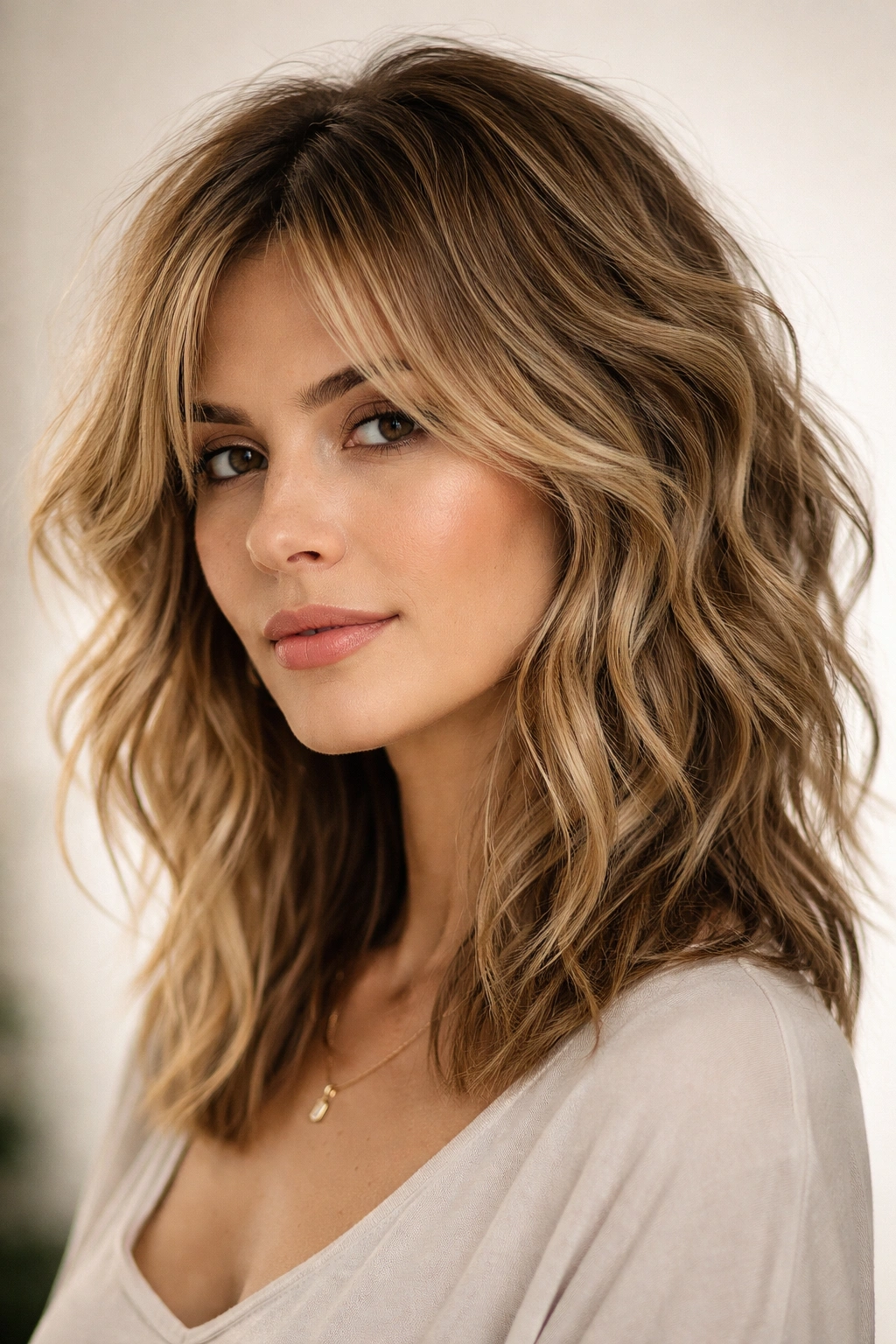 Choppy wave cut on wavy hair with visible crown layers and texture