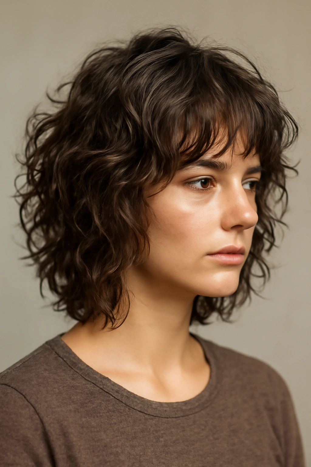 Medium-length curly hair with choppy razor-cut layers creating texture and movement
