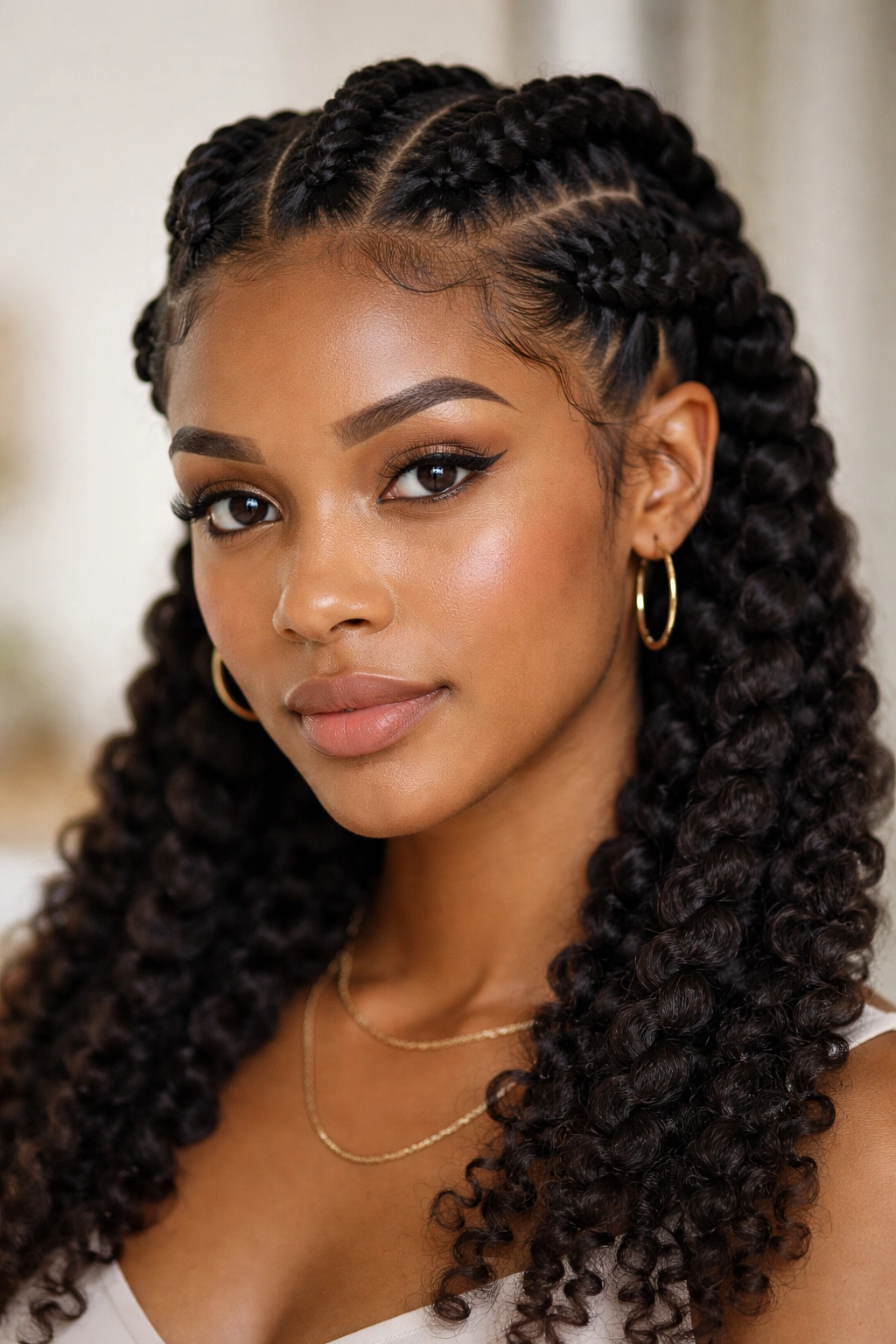 10 Hairstyles For Tight Curls At Every Length 5 Face-on view of chunky braids highlighting bold plaits