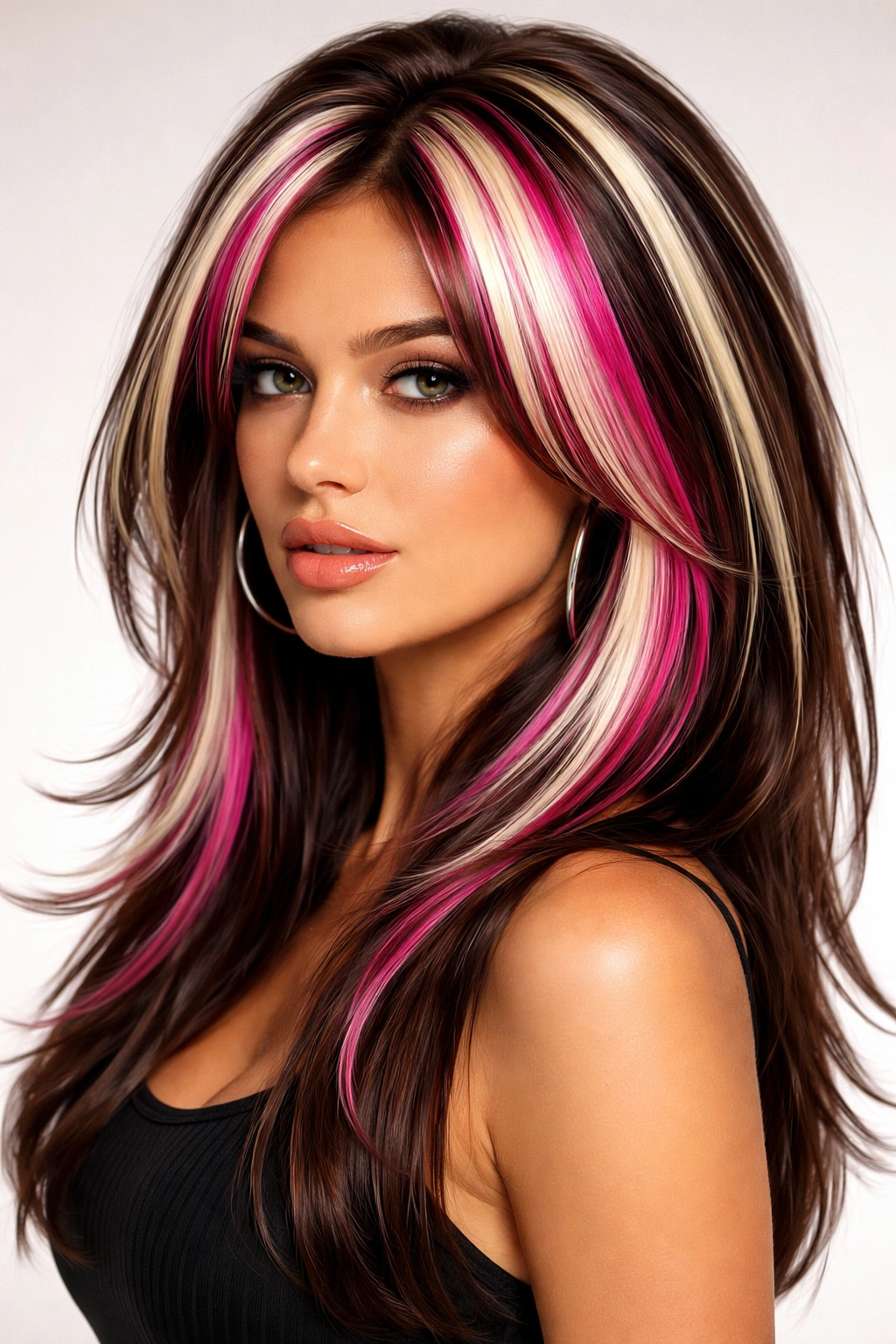 Hair with bold chunky color blocks and high-contrast stripes