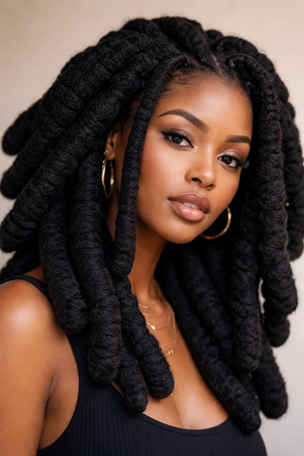 20 Dreadlock Styles For Women At Every Hair Length 5 Portrait of thick chunky locs with large diameter framing the face