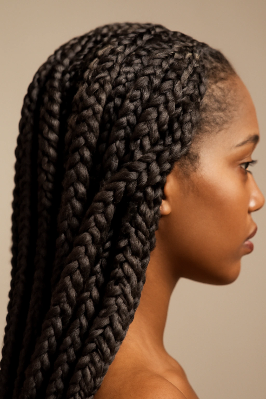 Close-up of chunky micro braids formed by combining multiple micro braids, showing texture and depth