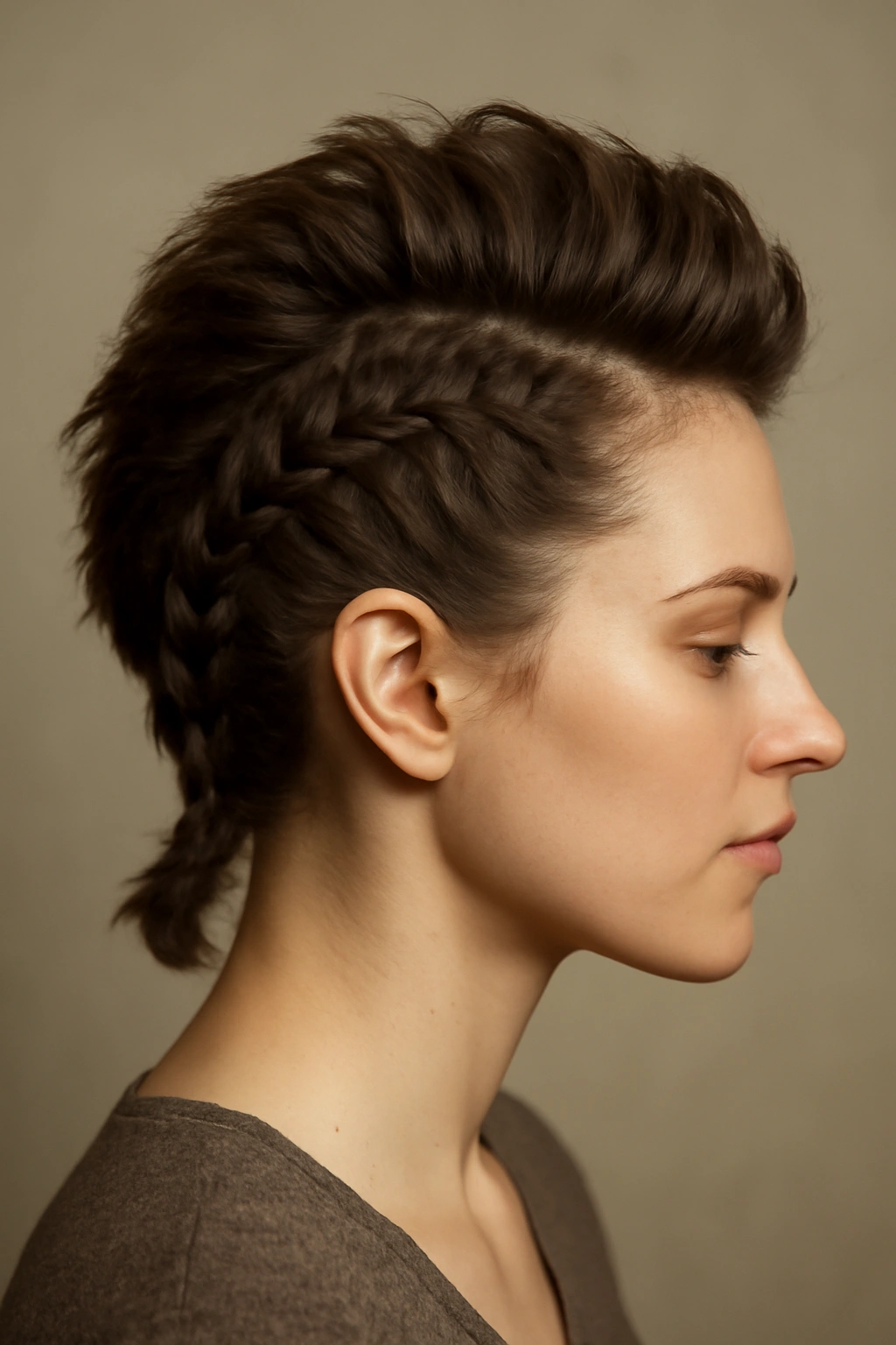Bold chunky central mohawk braid on short to medium hair