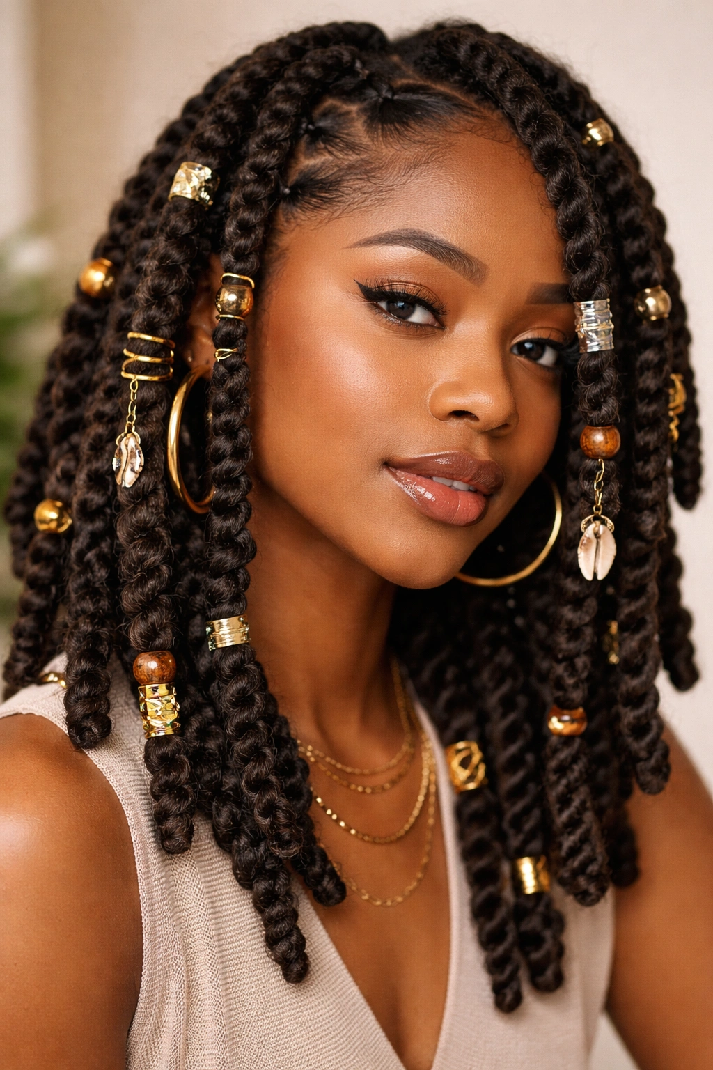 Thick chunky twists adorned with beads, rings, and wraps