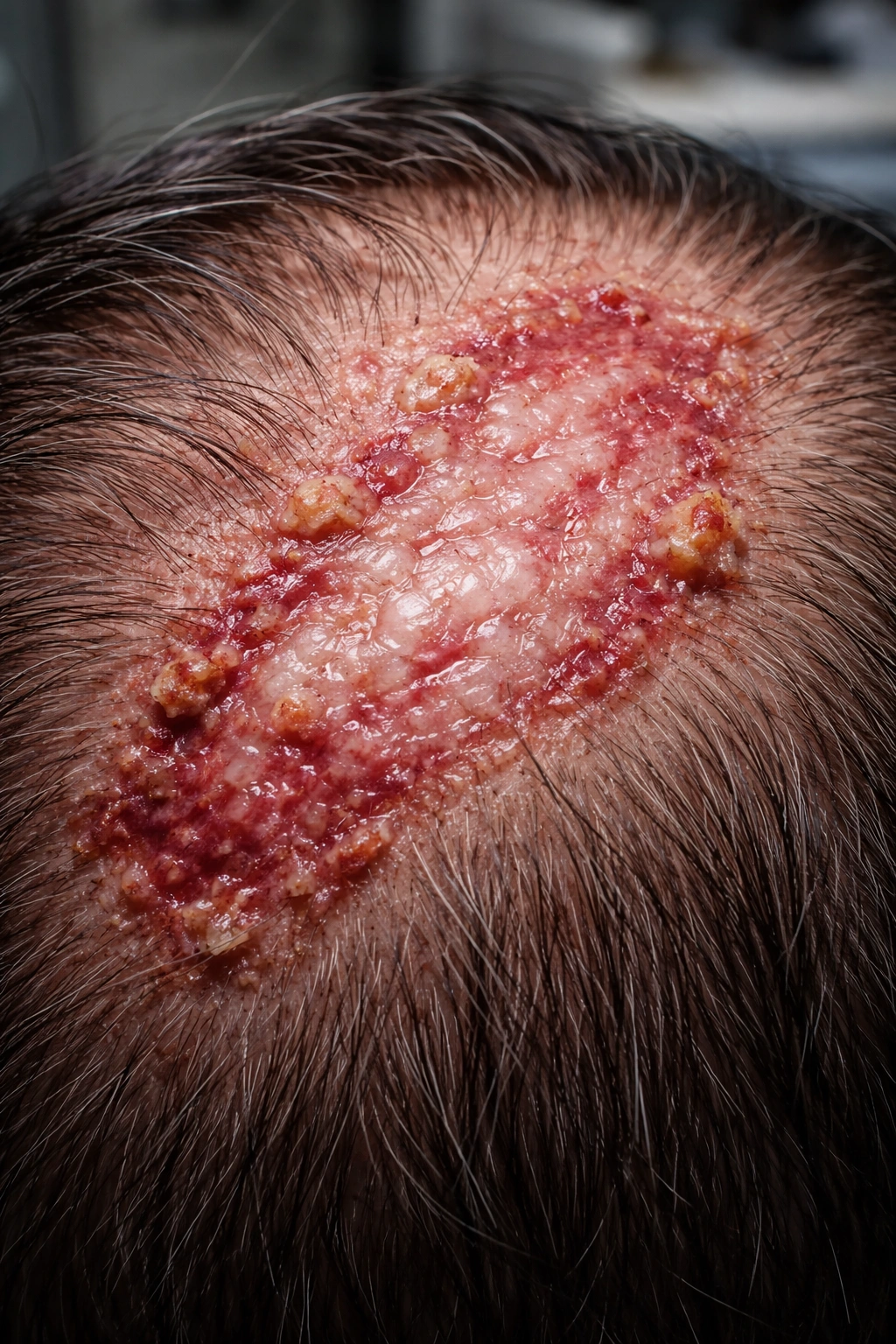 Scalp patch with scar tissue from cicatricial alopecia