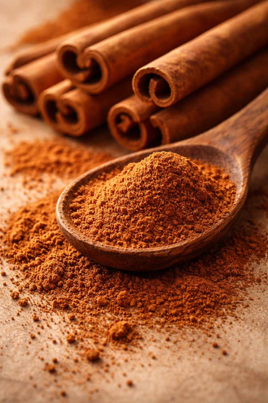 Ground cinnamon with cinnamon sticks on a neutral surface