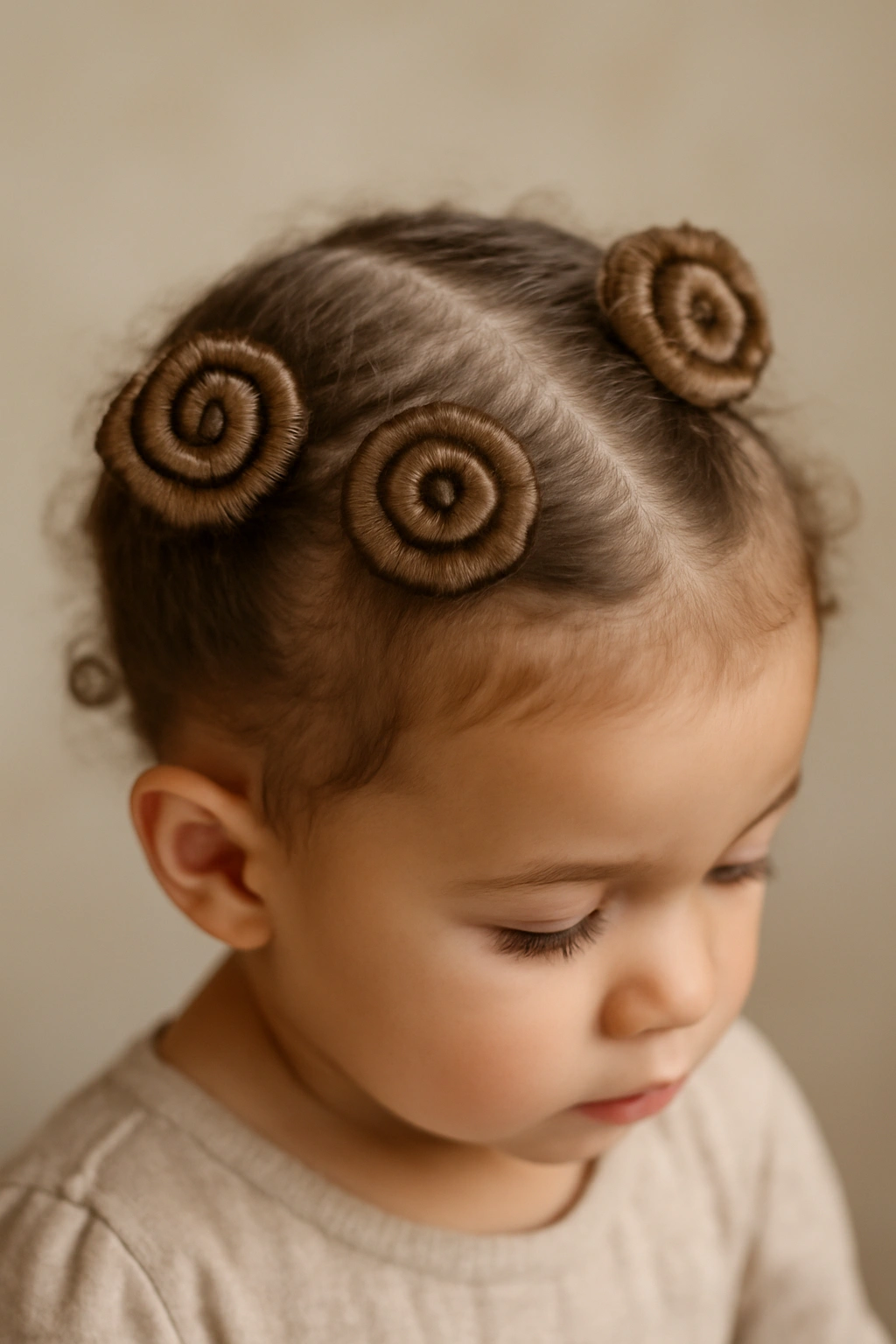 12 Toddler Hairstyles That Actually Stay All Day 7 Toddler hair styled into cinnamon roll coils pinned to the scalp.
