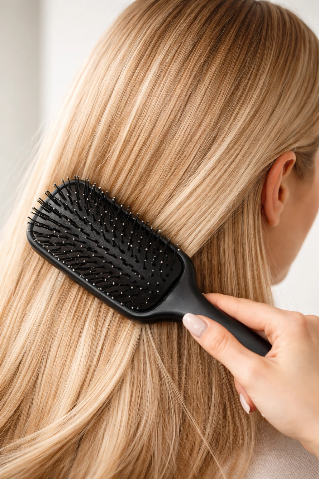 Close-up of clean, dry hair being brushed with a paddle brush